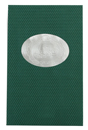 green suede basketweave material with oval die-cut window to hold an aluminum tip-in logo.