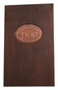 Single panel 8.5 x 14 wood menu board with copper tip-in logo