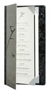 brushed stainless bar menu cover with laser cut logo and changeable ribbon boards.