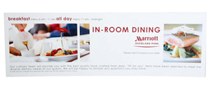 Custom 2 panel casual room service menu. click on image to view interior photo.