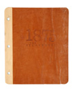 Branded leather with wood spine and screw post design to hold multiple 8.5 x 11 clear sleeves.