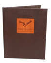 two panel menu cover with die-cut window to hold a branded leather tip-in logo.