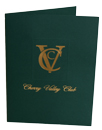 two pocket banquet presentation folder with die-cut slits for business cards. Gold foil stamped with custom logo