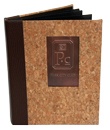 cork wine menu cover with copper tip-in stamped logo. Designed to hold multiple insert sheets.