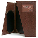 3 Panel Angled Gatefold Menu Cover with Copper Tip-In Logo to Hold One 8.5x11 and two 3.5 x 5 inserts 